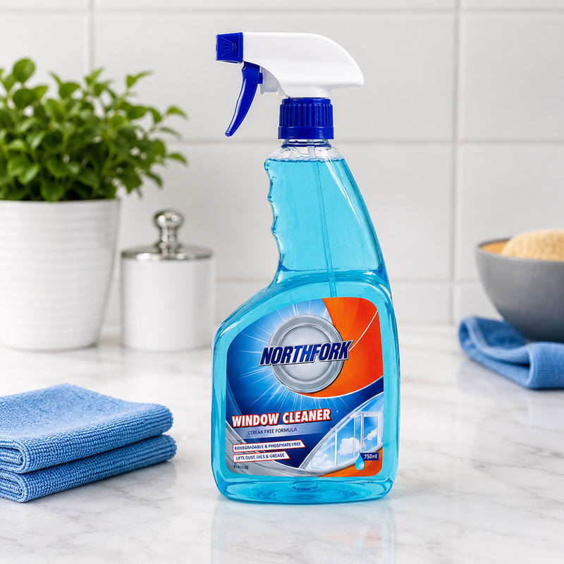 Northfork Window and Glass Cleaner 750ml displayed on a modern kitchen benchtop with folded cleaning cloths, decorative plant and tiled splashback in the background. The product is presented ready for everyday household cleaning while emphasising a fresh, hygienic and organised space.
