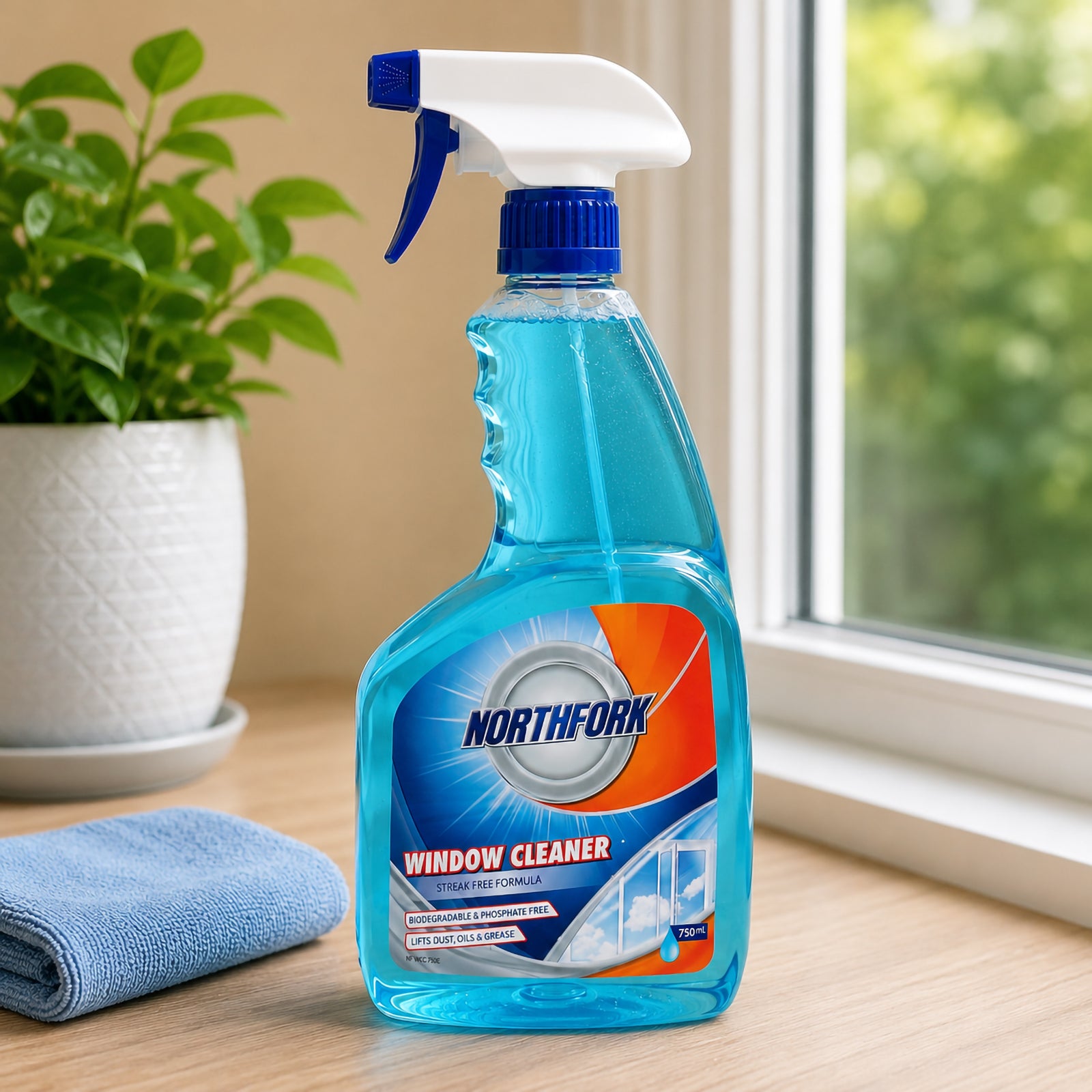 Northfork Window and Glass Cleaner 750ml standing upright on a timber windowsill beside a neatly folded blue microfibre cloth and a green indoor plant. Natural daylight from the nearby window showcases the clear blue cleaning solution and professional trigger spray bottle in a clean home environment.