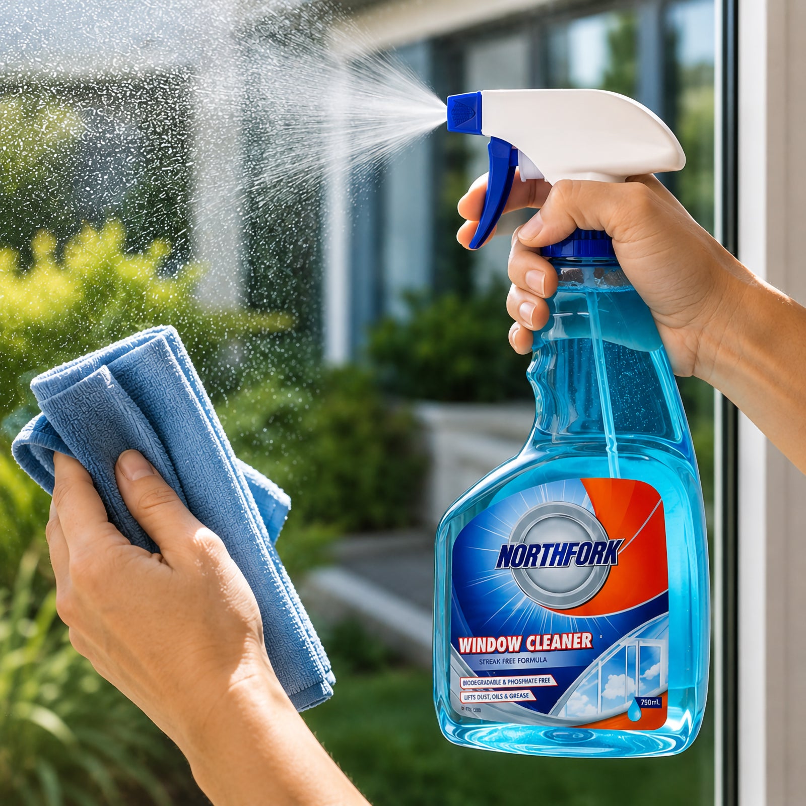 Northfork Window and Glass Cleaner 750ml being sprayed onto a large household window while a user holds a blue microfibre cloth ready to wipe the glass clean. The spray creates a fine mist across the surface, demonstrating the cleaner in use with a bright outdoor garden visible through the window, highlighting its streak free cleaning performance.