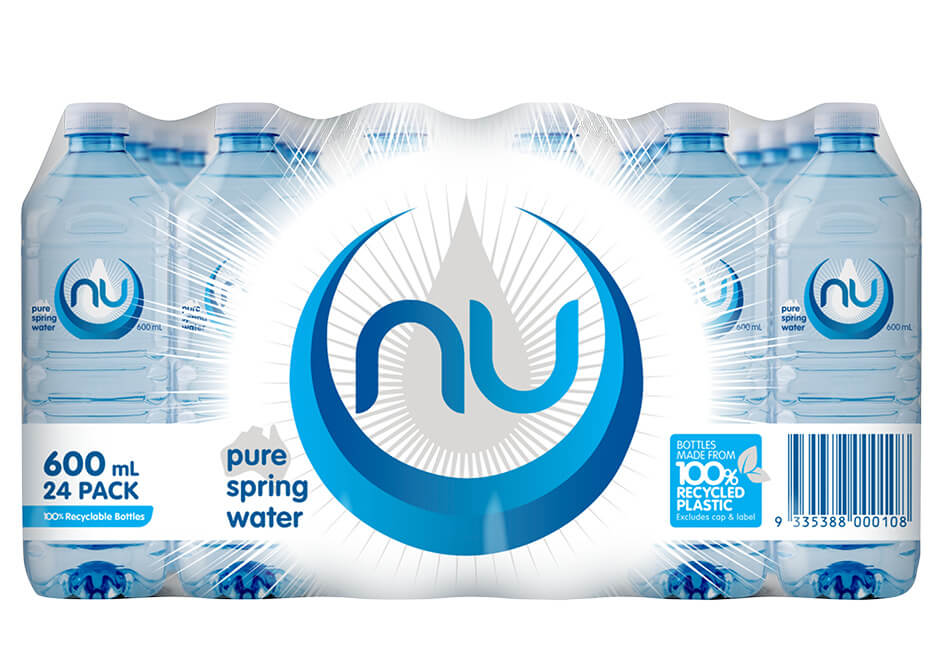 Case of 24 Nu Pure 600ml square PET spring water bottles with blue and white NU labels, shrink wrapped as a retail ready 24 pack tray on a white background