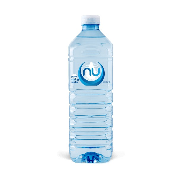 Single Nu Pure 600ml square spring water bottle in clear recyclable PET with a blue cap and blue and white NU label shown upright on a white background