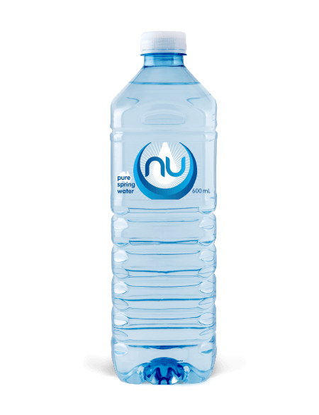Single Nu Pure 600ml square spring water bottle in clear recyclable PET with a blue cap and blue and white NU label shown upright on a white background
