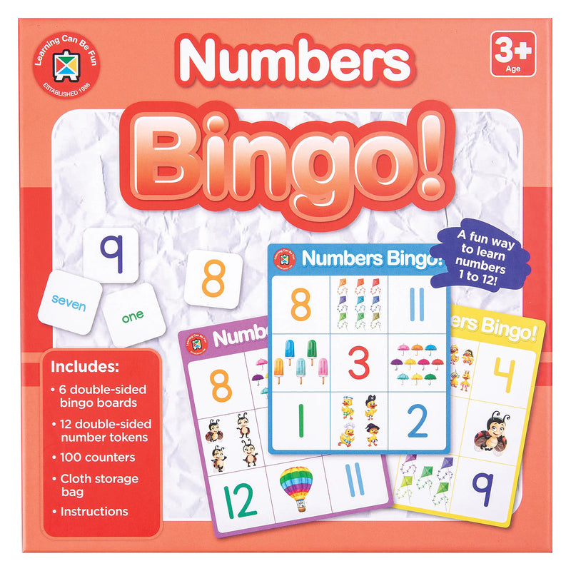 Front packaging artwork for Learning Can Be Fun Numbers Bingo featuring number tokens, colourful bingo boards and counting illustrations. The packaging highlights number recognition learning from 1 to 12 through fun interactive gameplay and educational activities.