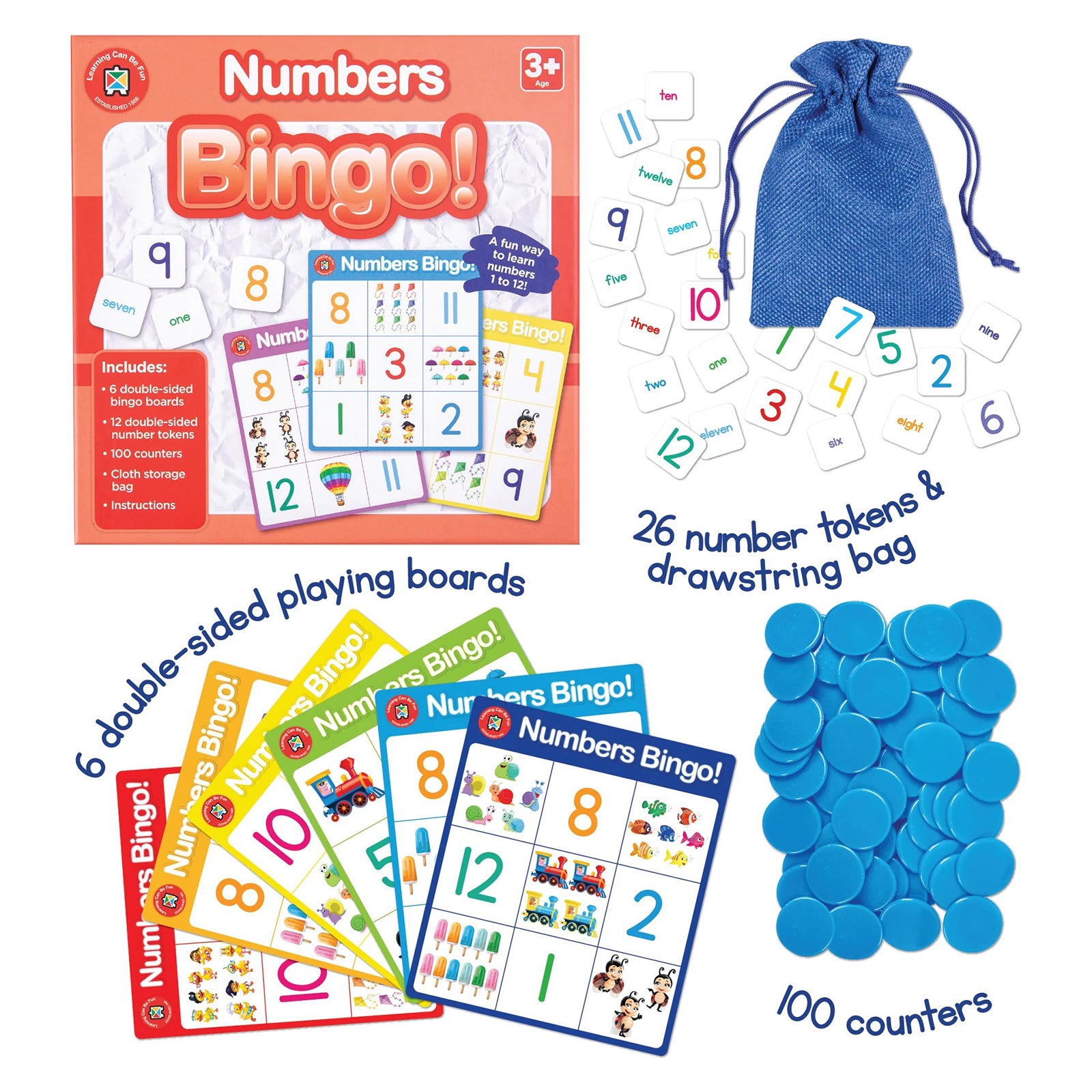 Complete Numbers Bingo educational set showing retail packaging, six double sided bingo boards, twelve double sided number tokens, one hundred counters and a storage bag. The layout clearly presents all included components for early learning and numeracy activities.