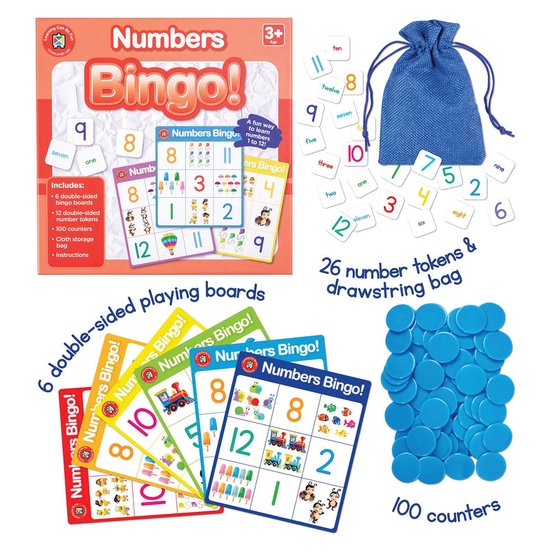 Complete Numbers Bingo educational set showing retail packaging, six double sided bingo boards, twelve double sided number tokens, one hundred counters and a storage bag. The layout clearly presents all included components for early learning and numeracy activities.
