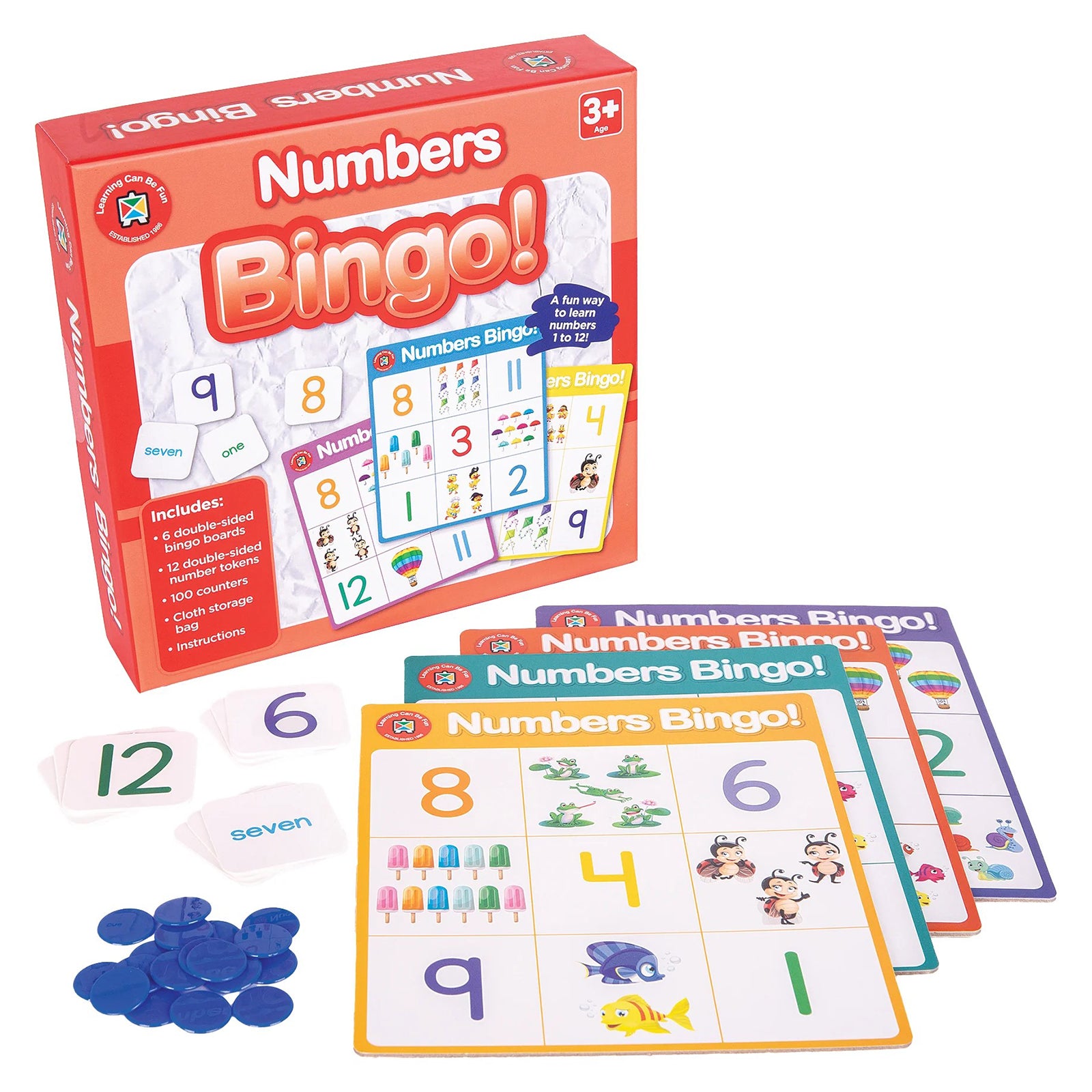 Product display featuring Numbers Bingo box, colourful learning boards, number cards and counters arranged for presentation. The image showcases the educational game's engaging design and comprehensive learning resources for children aged three years and above.