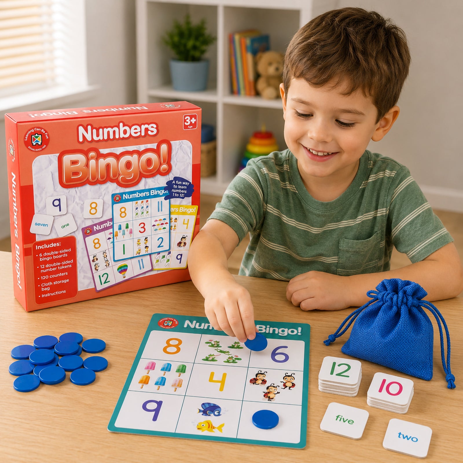 Child actively participating in a Numbers Bingo learning activity with counters, number tokens and colourful bingo board. The image highlights early maths development, counting practice and number recognition skills in a fun educational environment.