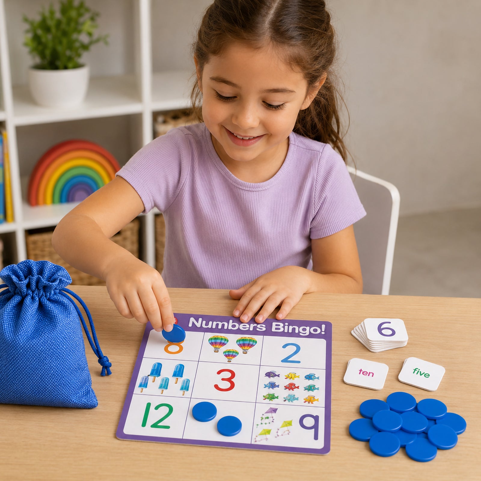 Young child playing Learning Can Be Fun Numbers Bingo at a classroom table while matching counters to a colourful bingo board. The game features bright illustrations, number recognition activities, number tokens and a storage bag designed to support early numeracy development through hands on learning.