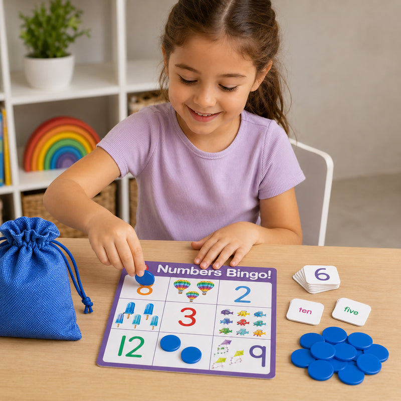 Young child playing Learning Can Be Fun Numbers Bingo at a classroom table while matching counters to a colourful bingo board. The game features bright illustrations, number recognition activities, number tokens and a storage bag designed to support early numeracy development through hands on learning.