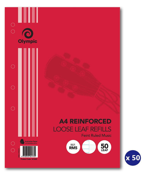 Olympic Loose Leaf Refill Reinforced A4 Music Stave Ruled 50 Leaf Box of 50