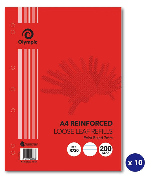 Olympic Loose Leaf Refill Reinforced A4 7mm Ruled 200 Leaf Box of 10