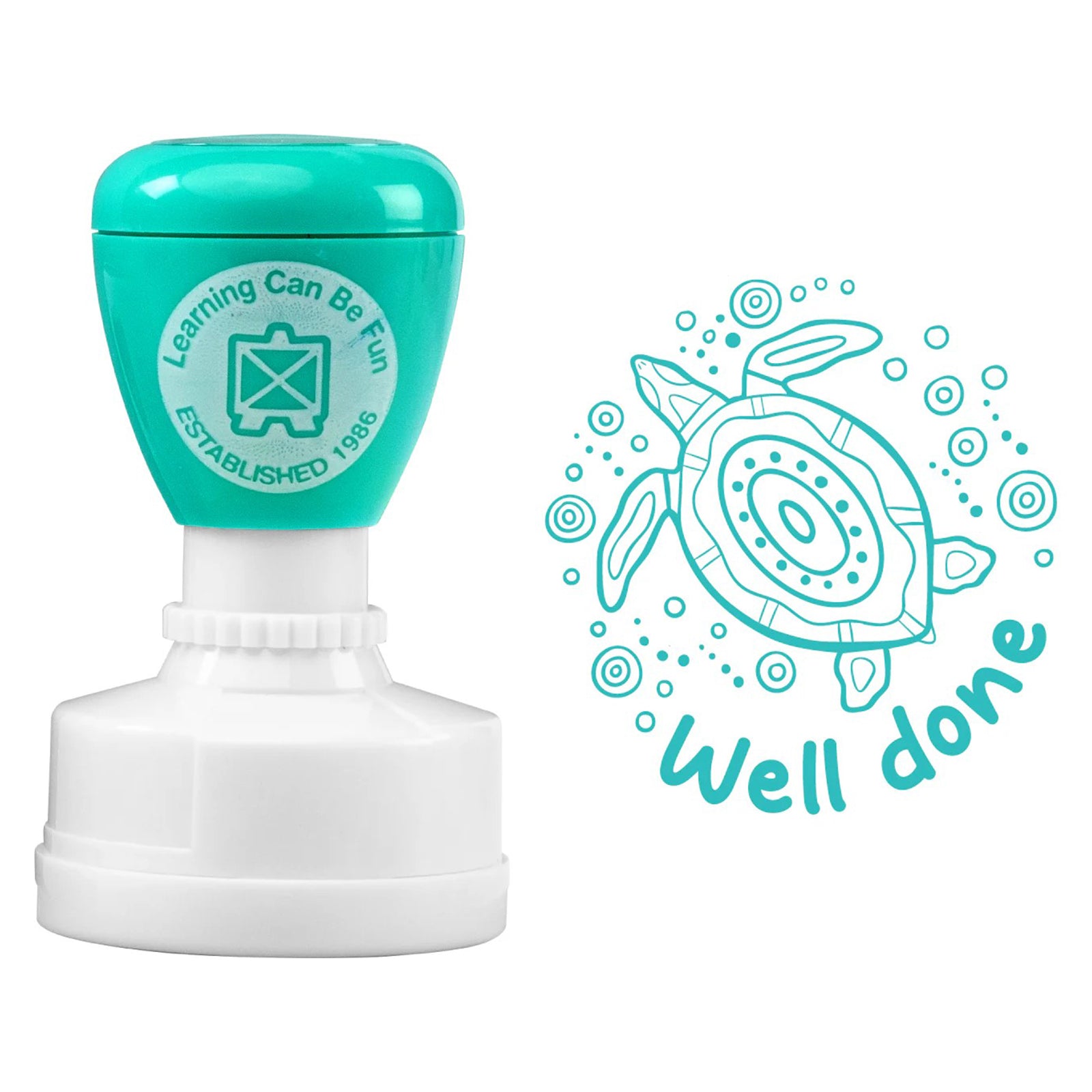 Isolated product image showing the Ocean Country Turtle Merit Stamp alongside the complete turtle impression artwork. The image clearly displays the detailed design, self inking construction and uplifting Well Done message.