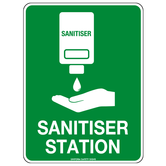Off-Wall Poly Hand Sanitiser Station Sign 22.5 x 22.5cm identifies hand sanitiser stations in workplace and public environments