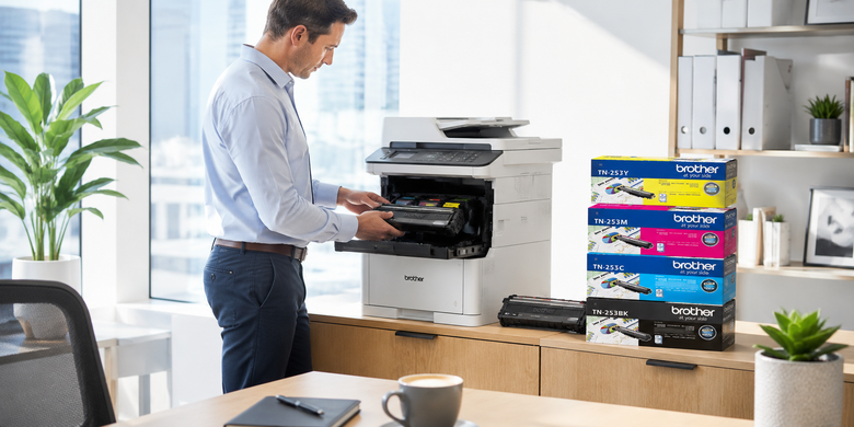 A man in a light blue dress shirt and dark trousers is shown using a Brother multifunction printer in a bright, modern office setting. A stack of Brother toner cartridge boxes in yellow, cyan, magenta, and black is stacked on the counter next to the printer.