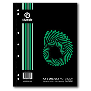 Black Olympic A4 5 Subject Note Book cover with green stripes and a green dot swirl, printed 8mm ruled with margin, 7 holes and perforations, 240 pages
