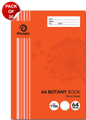 Orange Olympic A4 botany book with 18mm Ruled beneath the title, Ref T186 and 64 Pages badges and a red Pack of 20 sticker at top left