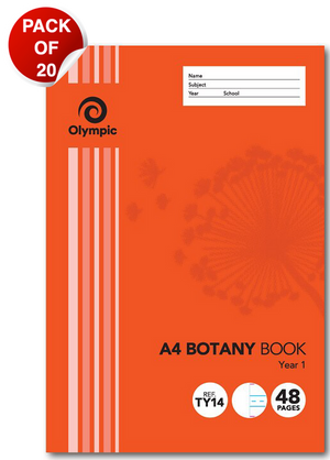 Orange Olympic A4 botany book printed Year 1 with a dandelion design, Ref TY14 and 48 Pages badges and a red Pack of 20 sticker