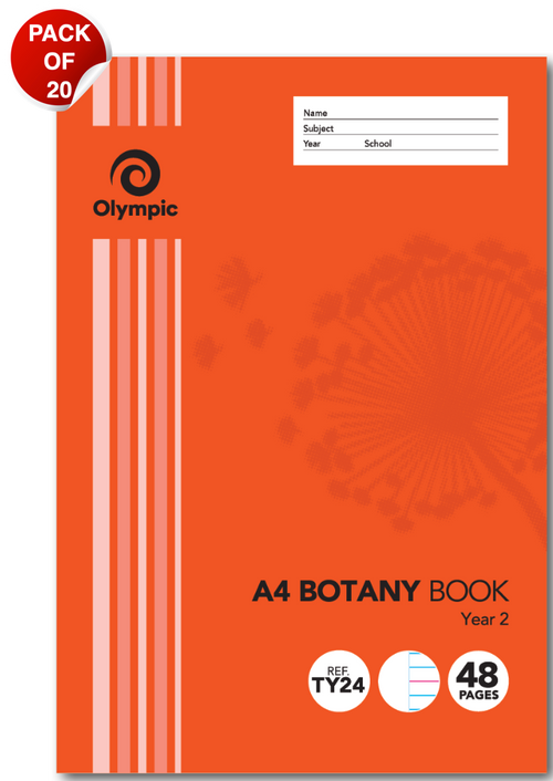 Orange Olympic A4 botany book printed Year 2 with dandelion artwork, Ref TY24 and 48 Pages badges and a red Pack of 20 sticker