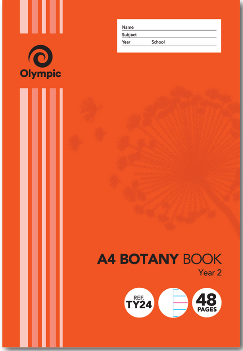 Front cover of the orange Olympic A4 Year 2 botany book, reference TY24, with a Name Subject Year School panel and 48 Pages badge