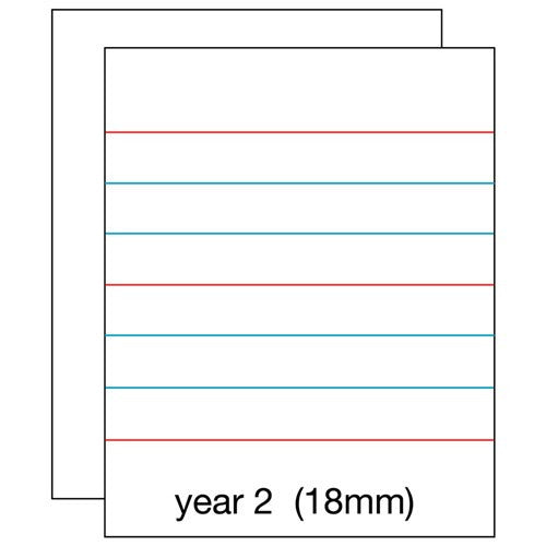 Ruling diagram labelled year 2 (18mm) showing a page with widely spaced lines alternating red and blue in front of a blank page