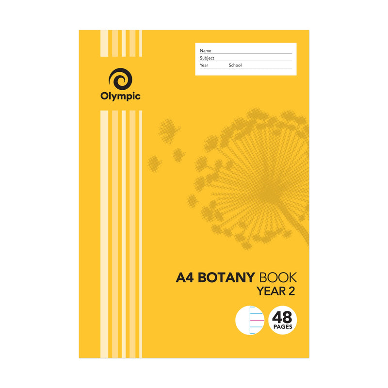 Olympic A4 botany book for Year 2 in a yellow cover with dandelion artwork, a ruling badge, 48 Pages and a name panel