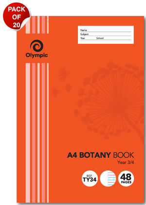 Orange Olympic A4 botany book marked Year 3/4 with a dandelion design, Ref TY34 and 48 Pages badges and a red Pack of 20 sticker