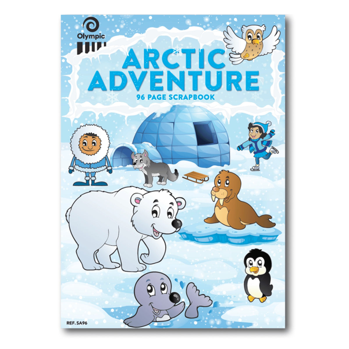 Olympic Arctic Adventure scrap book cover in pale blue with an igloo, polar bear, walrus, seal, penguin and owl, printed 96 Page Scrapbook and Ref SA96