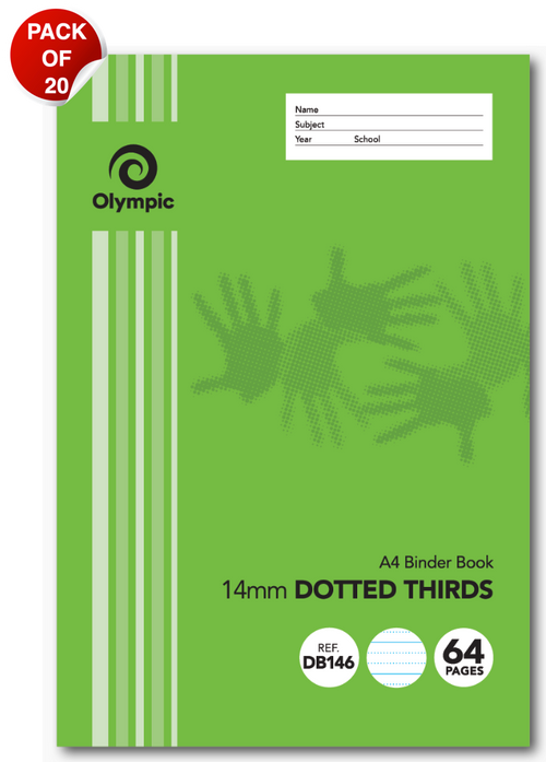Green Olympic A4 binder book with handprint artwork, printed 14mm Dotted Thirds, Ref DB146 and 64 Pages, with a Pack of 20 badge in the corner