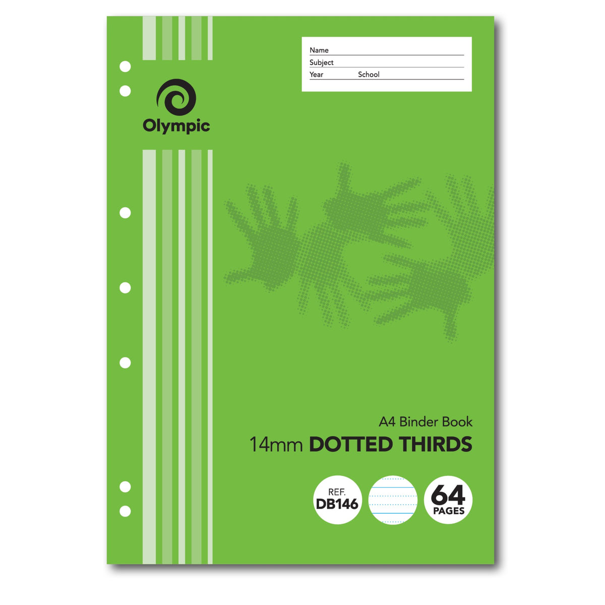 Olympic DB146 binder book cover in green with seven punched holes on the left edge, a name and subject panel and 14mm Dotted Thirds printed