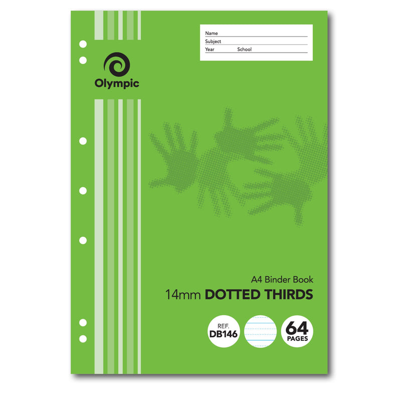 Olympic DB146 binder book cover in green with seven punched holes on the left edge, a name and subject panel and 14mm Dotted Thirds printed