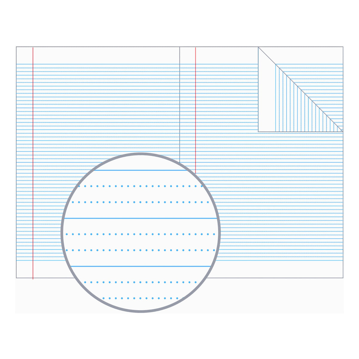 Olympic page illustration of 14mm dotted thirds ruling: solid blue lines with two dotted guide lines between, a red margin and a magnified circle