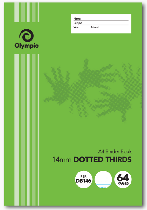 Green Olympic A4 binder book cover with faded handprints, name, subject, year and school panel and 14mm Dotted Thirds, Ref DB146, 64 Pages