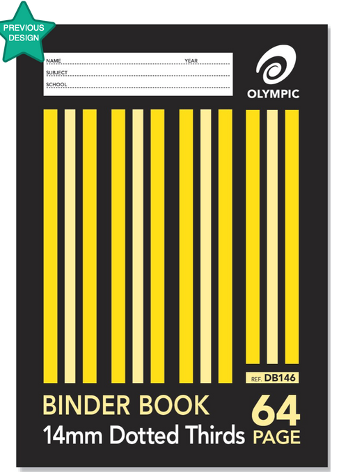 Previous design of the Olympic DB146 binder book with a black cover, yellow stripes and 14mm Dotted Thirds 64 Page printed, marked Previous Design