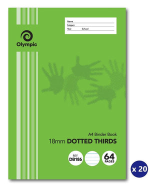 Green Olympic A4 binder book with handprint artwork printed 18mm Dotted Thirds, Ref DB186 and 64 Pages, a name and subject panel and an x 20 badge
