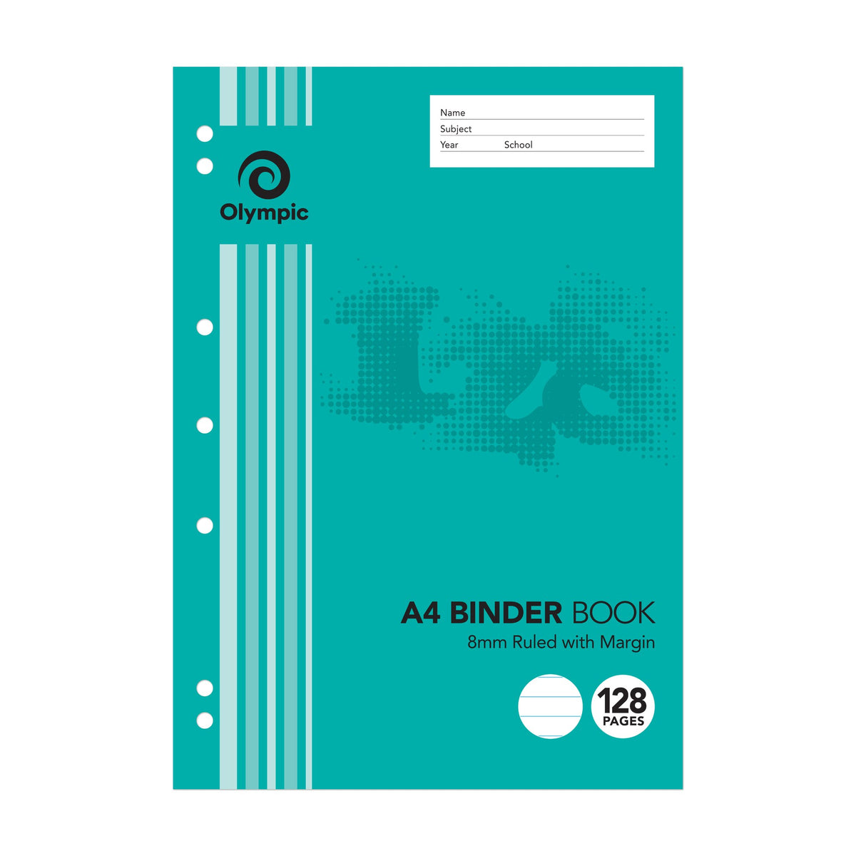 Olympic 128 page A4 binder book in teal with seven punched holes along the left edge and a large faded 128 printed across the cover