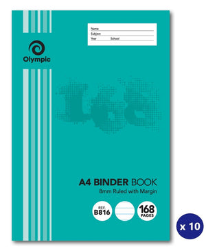 Teal Olympic A4 binder book with a name and subject panel, printed 8mm Ruled with Margin, Ref B816 and 168 Pages, shown with an x 10 pack badge