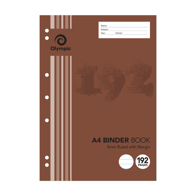 Brown Olympic A4 binder book cover with 192 Pages, 8mm Ruled with Margin, a large faded 192 and seven punched holes along the left side