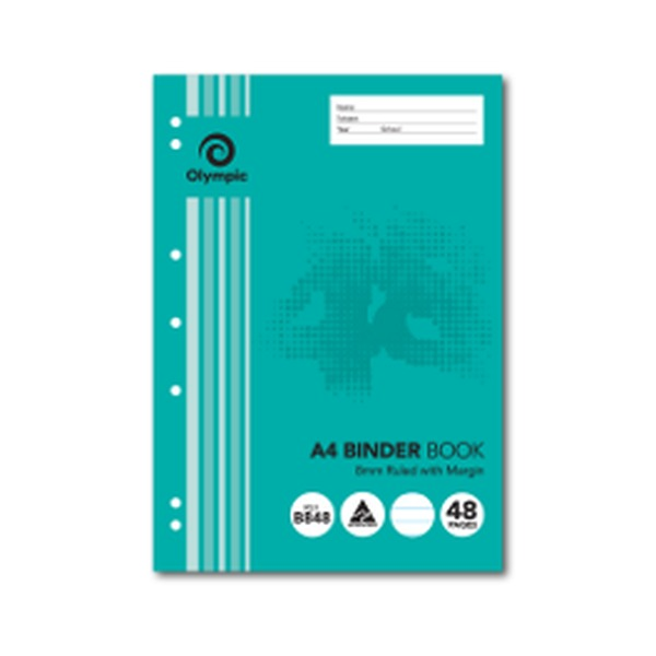 Teal Olympic A4 binder book cover of the older design, with a name and subject panel, Ref B848 and 48 Pages badges