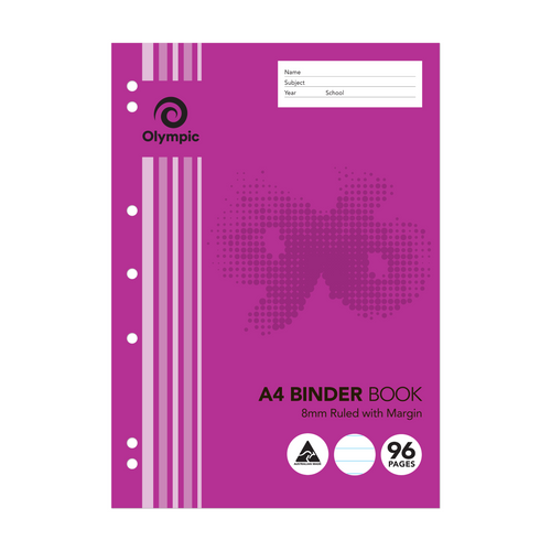 Magenta Olympic A4 binder book cover marked 8mm Ruled with Margin and 96 Pages, with seven punched holes and a name, subject, year and school panel