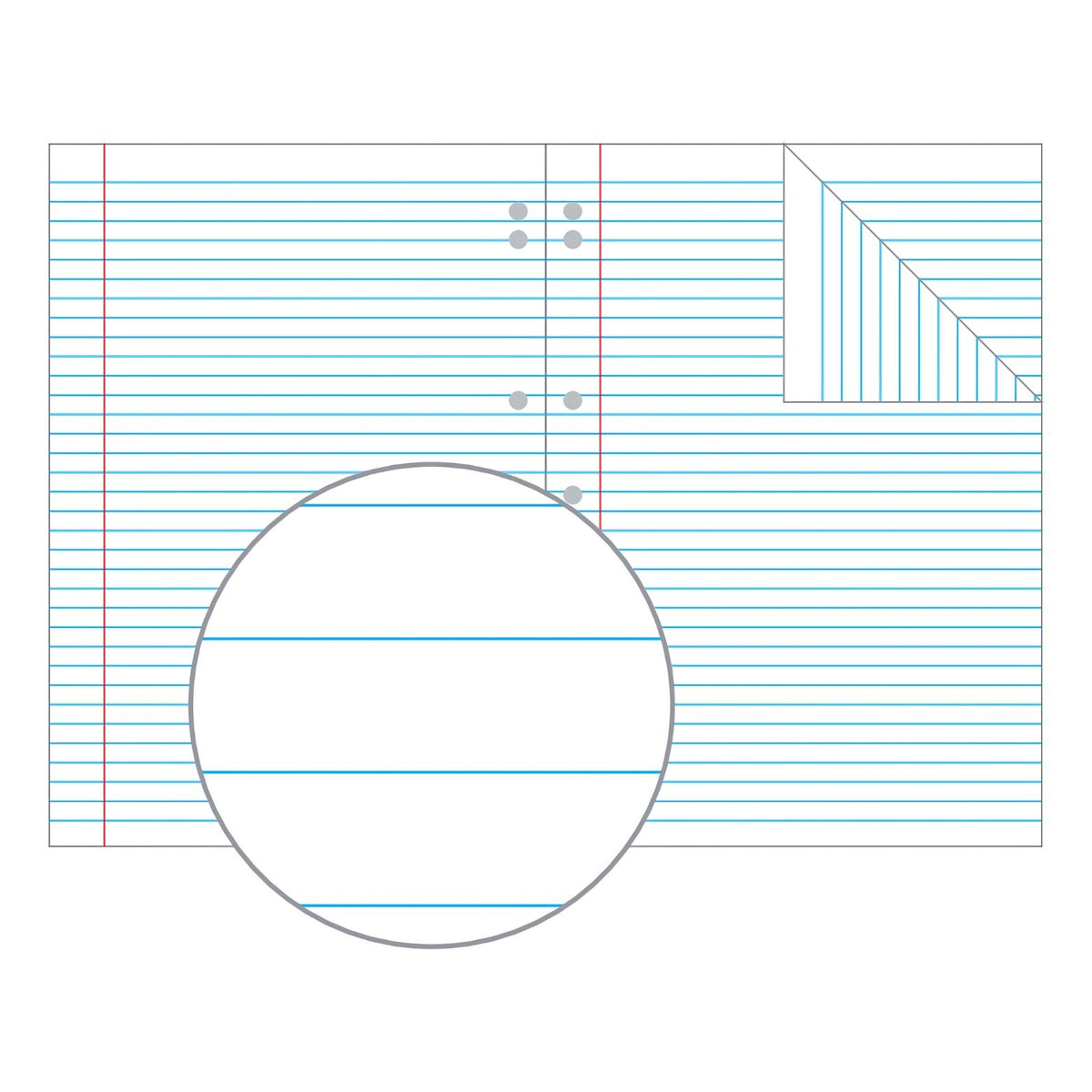 Olympic illustration of an 8mm ruled binder book page showing blue lines, a red margin line, punched holes and a magnified circle of the ruling