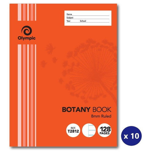 Orange Olympic botany book cover with dandelion artwork, 8mm Ruled, Ref T2812 and 128 Pages badges and an x 10 pack badge
