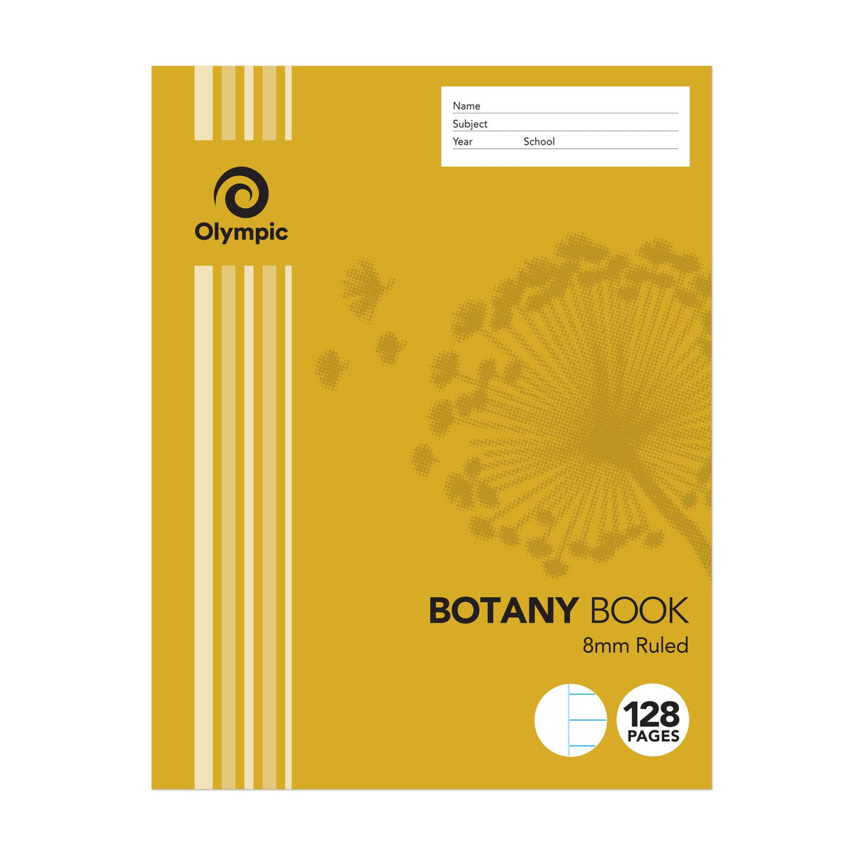Olympic botany book 128 pages in a mustard yellow cover with dandelion artwork, 8mm Ruled printed and a name panel at the top
