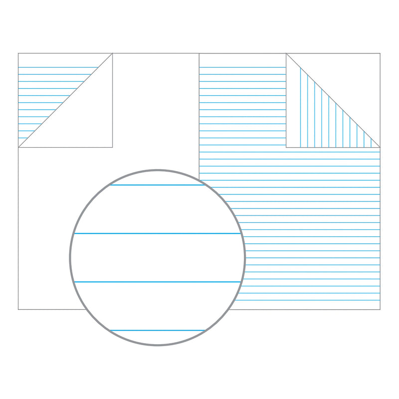 Illustration of an open Olympic botany book with a blank page facing a page of blue 8mm feint lines and a magnified circle