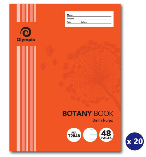 Orange Olympic botany book with dandelion artwork showing 8mm Ruled, Ref T2848 and 48 Pages badges, with an x 20 pack badge