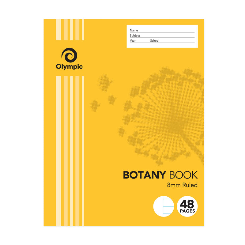 Yellow cover of the Olympic 48 page botany book with dandelion artwork, 8mm Ruled printed and a name and subject panel