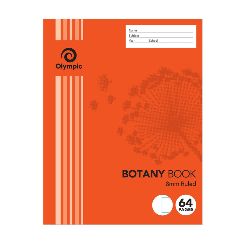 Olympic botany book 64 pages, orange cover with faint dandelion artwork, 8mm Ruled wording and a name, subject, year and school panel