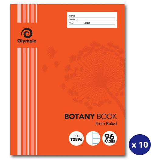 Orange Olympic botany book cover with a faded dandelion print, 8mm Ruled wording, Ref T2896 and 96 Pages badges and a navy x 10 pack badge