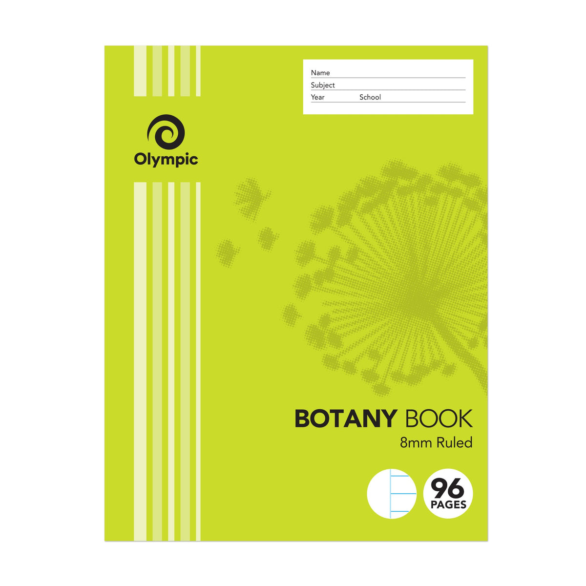 Olympic T2896 botany book shown in a lime green cover with dandelion artwork, a Name Subject Year School panel and a 96 Pages badge