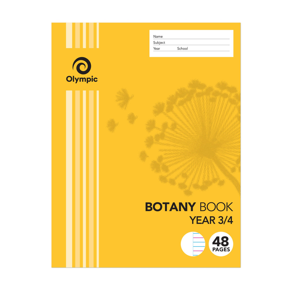 Yellow Olympic botany book Year 3/4 cover with dandelion artwork, a ruling badge, 48 Pages and a name and subject panel