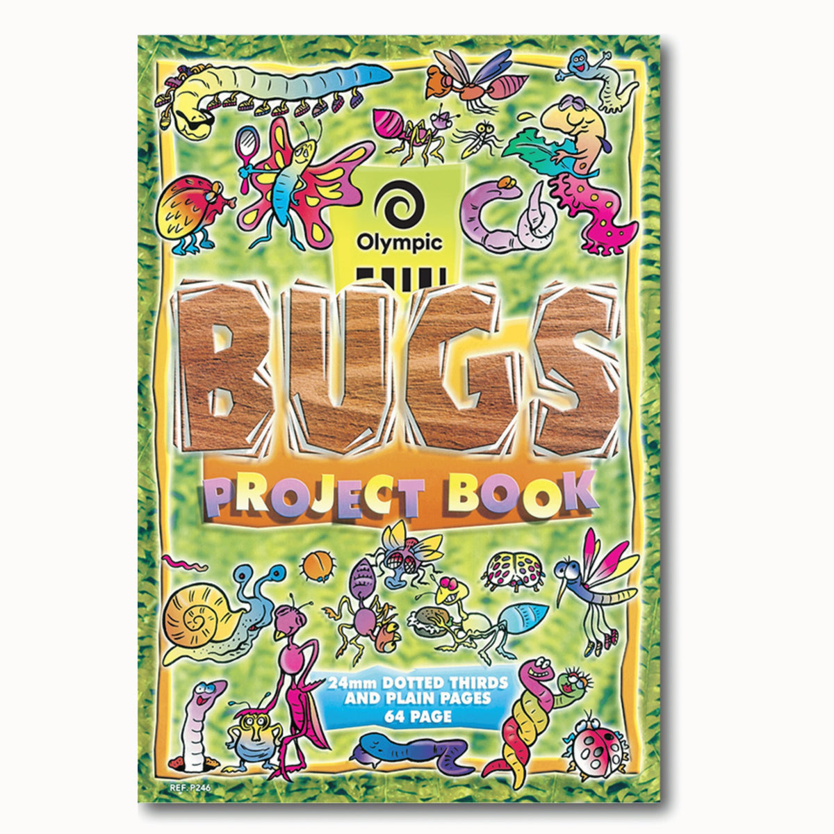 Olympic Bugs Project Book front cover in green and yellow with carved wooden BUGS lettering and a blue panel naming the ruling and page count